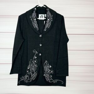NWT Storybook Knits Black Long Cardigan
Embroidered Beaded Collared size L
